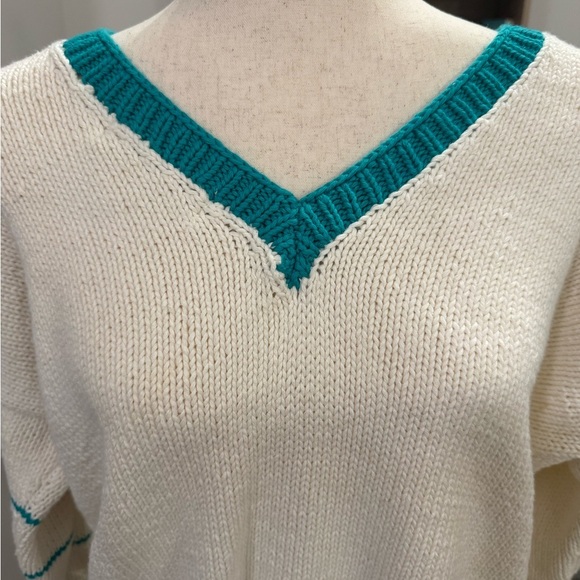 Vintage Cottage Core White and Green Oversized Cotton Sweater Small - Picture 6 of 7
